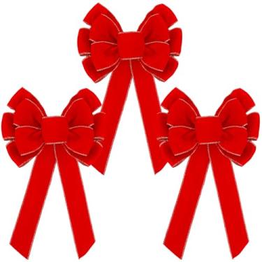 Imagem de Lenwen 3 peças grandes laços vermelhos de veludo de Natal ao ar livre grande guirlanda de árvore de Natal decorativa laços de veludo vermelho para presentes interiores e exteriores festas de Natal