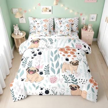 Imagem de Erosebridal Jogo de cama solteiro de cachorro kawaii com desenho kawaii de desenho animado de cachorro pug com lençol de cima para meninas e meninos, lençol de cima com estampa de pata fofo e floral