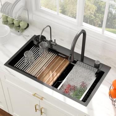 Imagem de Pia de cozinha com cascata de 83 cm, preta, para estação de trabalho inteligente, pia de cozinha, 83 x 48 cm, 16 calibres, tigela única, conjunto de pias multifuncionais e torneira de cachoeira com