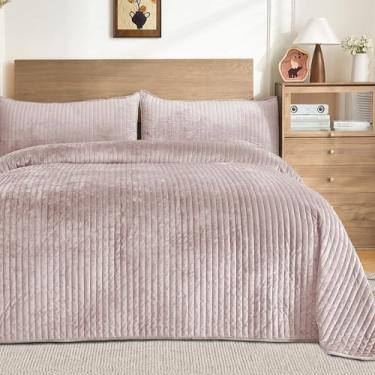 Imagem de ROMROL Conjunto de colcha de veludo de luxo, tamanho king, 3 peças, macio, aconchegante, listrado, conjunto de edredom com 2 fronhas, colcha leve para todas as estações (pau, 244 x 274 cm)