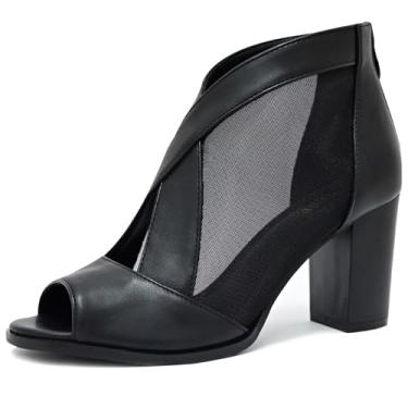 Imagem de SICARE Sandálias de malha recortadas salto alto peep toe botas de verão no tornozelo, Preto/poliuretano, 36