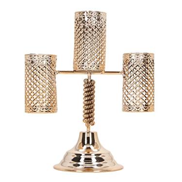 Imagem de Suporte de vela de 3 braços ouro oco galvanoplastia luz de metal candelabros de luxo presente artesanal para decoração de casa jardas mesas pátios material de ferro 18 x 21 x 9 cm