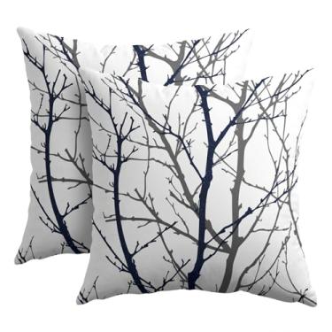 Imagem de Capas de almofada de árvore azul escuro cinza 45,7 x 45,7 cm com estampa de ramo branco e azul marinho, conjunto de 2 almofadas decorativas para decoração de casa de fazenda moderna sazonal para sofá