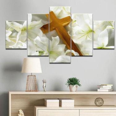 Imagem de Quadros Decorativos Mosaico 5 Peças Flores Brancas E Cruz Fe - Global 
