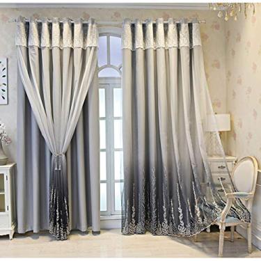 Imagem de Cortina blecaute gradiente de camada dupla, blackout voile renda bordado em camadas sólido drapeado painel de saia, sala de estar, quarto de menina, isolamento de poupança de energia, ilhó sombreado