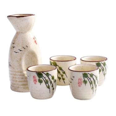 Imagem de Conjunto tradicional japonês de 5 peças de saquê de cerâmica com pote de servir e 4 copos de bebida, estilo retrô (LS)