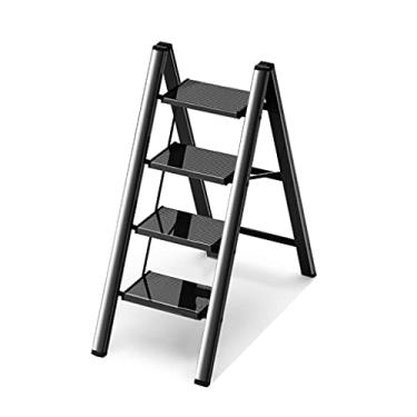 Imagem de Escadas dobráveis escadas de 4 degraus escada moderna revestimento de madeira escada escada dobrável escada com pedal antiderrapante largo portátil para casa, escritório escada resistente (cor: Escada