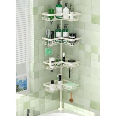 Imagem de DAOYA Suporte de chuveiro de canto, suporte de chuveiro de canto ajustável de 4 camadas com saboneteira e suporte de barbeador, prateleira de poste de tensão de aço inoxidável para banheira e chão de