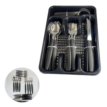 Imagem de Jogo de Faqueiro 25 Peças com Porta Talher, Aço Inox, Preto, 6 Pessoas, Inclui Colheres, Garfos, Facas