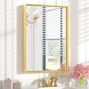 Imagem de Keonjinn Espelho de banheiro dourado de 56 x 76 cm para pia espelho retangular dourado escovado montado na parede moldura de metal espelho moderno de fazenda com espelho emoldurado de canto quadrado