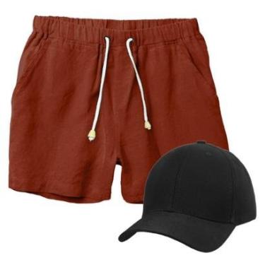 Imagem de Conjunto Short de Linho Masculino + Boné Liso Estilo Casual Básico Ideal Para o Dia a Dia-Masculino