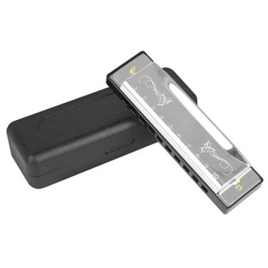 Imagem de Gaita profissional de 10 furos 20 tons de aço inoxidável C Tune Harmonica adequada para apresentações profissionais (prata)