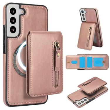 Imagem de Carteira destacável compatível com carregamento sem fio Magsafe para Samsung Galaxy S21 FE capa com suporte para cartão, bolso com zíper, suporte 2 em 1 à prova de choque (ouro rosa)