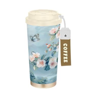Imagem de SEHANY Caneca de viagem borboleta e flores de 482 ml Copos de café reutilizáveis revestidos de cerâmica com tampa à prova de vazamento, parede dupla, isolamento a vácuo, copo de café de aço inoxidável