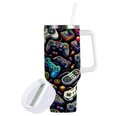 Imagem de ATTX Copo com vários gamepads de 850 g com alça - Caneca de viagem de aço inoxidável isolada a vácuo, xícara de café à prova de vazamento com canudo #510
