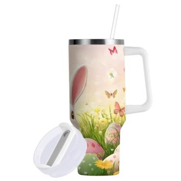 Imagem de Blueangle Copo de coelho da Páscoa de 850 g com alça e tampa de palha, copo isolado reutilizável de aço inoxidável garrafa de água caneca de viagem (321)