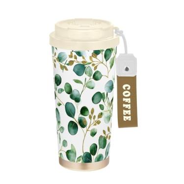 Imagem de SEHANY Caneca de viagem Green Leaves de 482 ml Copos de café reutilizáveis revestidos de cerâmica com tampa à prova de vazamento, parede dupla, isolamento a vácuo, copo de café de aço inoxidável para