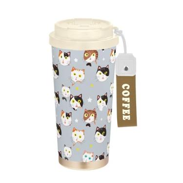 Imagem de SEHANY Caneca de viagem de gato gatinho fofo de 482 g xícaras de café reutilizáveis revestidas de cerâmica com tampa à prova de vazamento, parede dupla, isolamento a vácuo, copo de café de aço