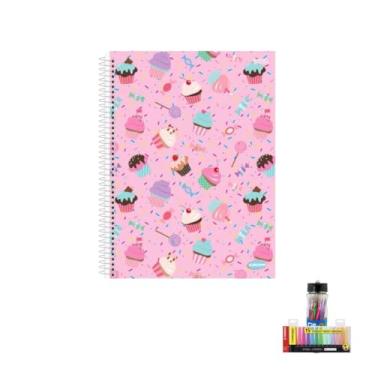 Imagem de Kit Caderno Feminino 10 Matérias Capa Dura 200 Folhas + Caneta Esferográfica 0.7mm + Marca Texto 15 Cores