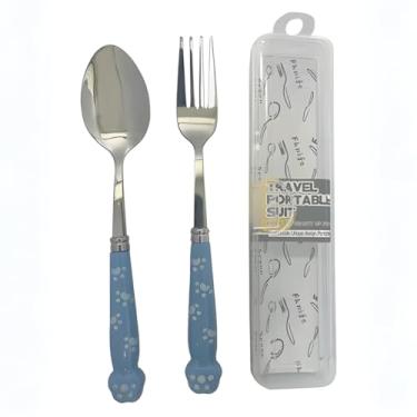 Imagem de Conjunto Kit de Talheres Infantil Inox Azul 2 Peças com Cabo Decorado com Patinhas Garfo Colher com Estojo para Transição Alimentar Bebês Crianças Premium.