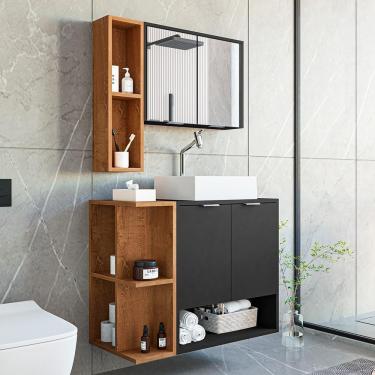 Imagem de Gabinete Banheiro Star 2 Portas Com Espelheira E Cuba Dalla Preto Fosco/naturale