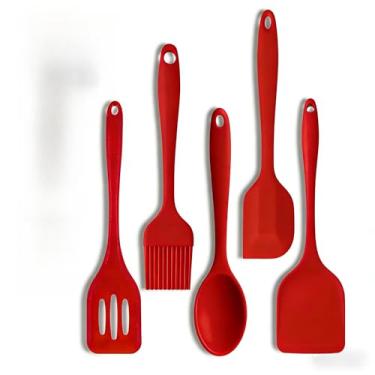 Imagem de Utensilios para Cozinha Kit 5 Peças - Espatula de Silicone, Colher de Silicone para Cozinha, Colher de Servir, Espátula Vazada e Pincel, Resistente a Altas Temperaturas e Livre de BPA (VERMELHA)