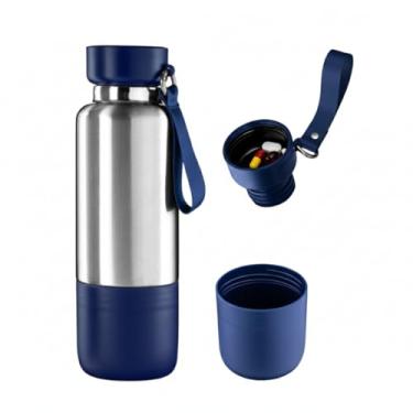 Imagem de Valori Home 3 em 1 Garrafa Térmica Inox 500ml Squeeze Academia Camping, Antivazamento, Parede Dupla a Vácuo, Porta Comprimidos e Copo - Inox com Azul