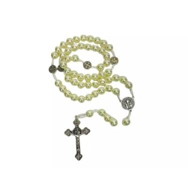 Imagem de Terço de Pérola São Bento com Medalha Prateada Grande 45cm Presente Religioso Católico de Devoção e Proteção