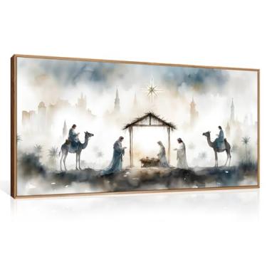 Imagem de DRACIT Grande conjunto de arte de parede em tela emoldurada de presépio de Jesus católico, decoração de parede em aquarela do nascimento sagrado de Jesus, arte religiosa de Natal moderna para sala de