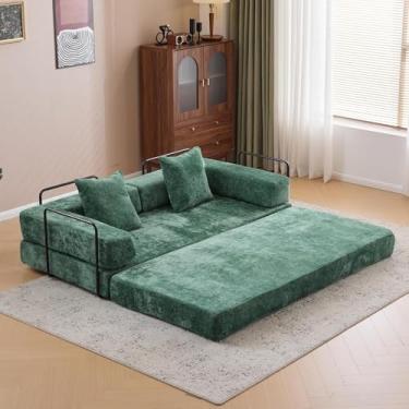 Imagem de Sofá-cama conversível, sofá-cama de 196 cm tamanho casal com apoios de braço em forma de L, sofás-cama queen size para sala de estar pequena para quarto de sala de estar, chenille, verde escuro