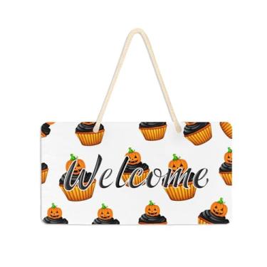 Imagem de Burbuja Placa de boas-vindas de cupcakes de Halloween para porta da frente, placa de boas-vindas de PVC para decoração de férias, 15 x 28 cm