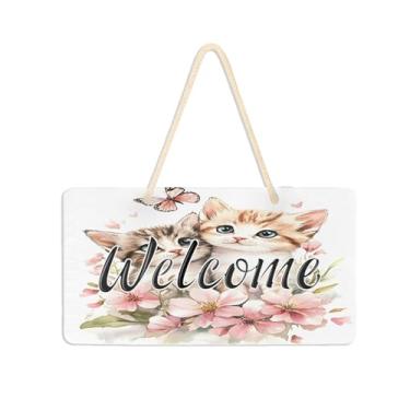 Imagem de Burbuja Dois gatinhos flores borboleta placa de boas-vindas para porta da frente, placa de boas-vindas de PVC para pendurar na parede varanda casa de fazenda decoração de férias, 15 x 28 cm