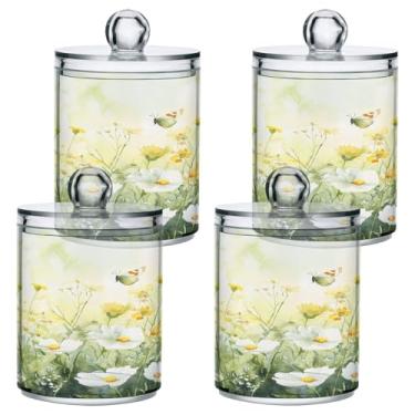 Imagem de STAYTOP 4 peças de frascos de boticário para banheiro com etiquetas de flores silvestres e borboletas verdes – Recipiente de armazenamento Qtip de plástico transparente para bola de algodão, cotonete