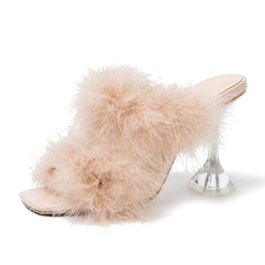 Imagem de Sandálias femininas de salto alto transparente bico quadrado salto felpudo duas faixas de penas fofas chinelos vestidos de festa e formatura sapatos, Nude., 11