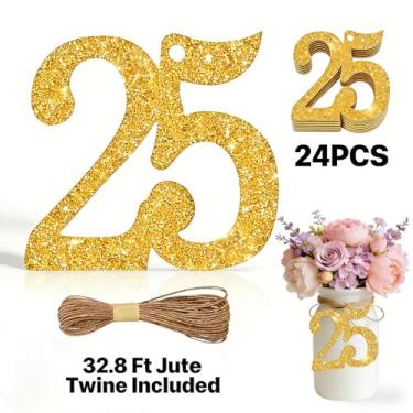 Imagem de ALISSAR 24 peças de etiquetas de ouro com 25 números com barbante de juta de 32,8 m – decorações de aniversário de 25 anos, artigos de festa de 25 anos, peças centrais de pote de pedreiro, kit de