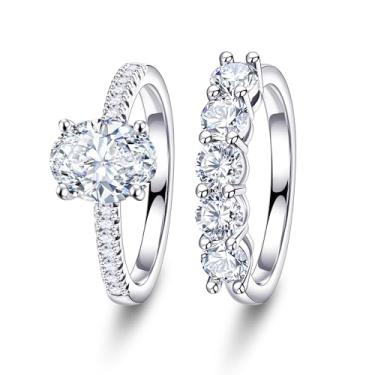 Imagem de JIAOGE Anéis de noivado para mulheres – Conjunto de alianças de noivado de zircônia cúbica de corte oval de ouro 2CT para mulheres, aliança de casamento eternidade, anel de compromisso para sua noiva