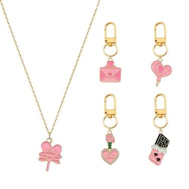 Imagem de MALOYANVE Conjunto de joias com tema de amor para o Dia dos Namorados, 5 peças, rosa e vermelho, coleção esmaltada com rosa, coração, berloques de envelope, presente romântico para o amante, Medium