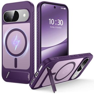 Imagem de FNDMIL Capa para Google Pixel 9/Pixel 9 Pro com MagSafe [suporte invisível] [carregar em pé] [militar à prova de choque] Capa de celular transparente fosca de silicone macio Pixel 9/9 Pro, roxa