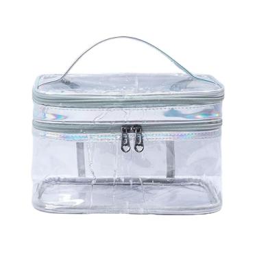 Imagem de aqxreight Bolsa Cosmética Feminina Transparente, Camada Dupla, à Prova d'água, Alta Capacidade, Armazenamento de Produtos de Higiene Pessoal para Viagem, Rosa, Conveniente, Faz e é Cosmética (Cinza