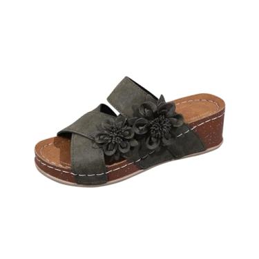 Imagem de Sandálias femininas de praia de flor de uma linha com salto cunha e parte inferior grossa para o verão casual, ideal para uso externo e interno com material PU, Verde, 34