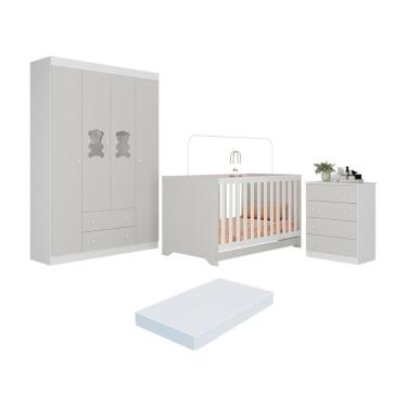 Imagem de Quarto De Bebê Completo Com Berço Americano 3 Em 1 Colchão Teddy Multimóveis MP4664 Branco-off White