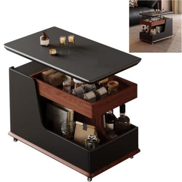Imagem de Mesa de centro elevatória de madeira maciça com armazenamento, mesa de canto ajustável com suporte giratório de 360° e rodas com trava, para sala de jantar, quarto (preto)