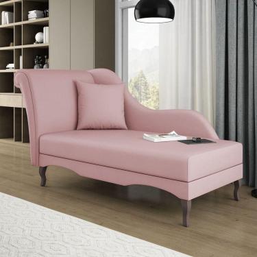 Imagem de Divã Recamier Chaise Longue Valentina Clássico Com Pés De Madeira Veludo Rosê - Desk Design