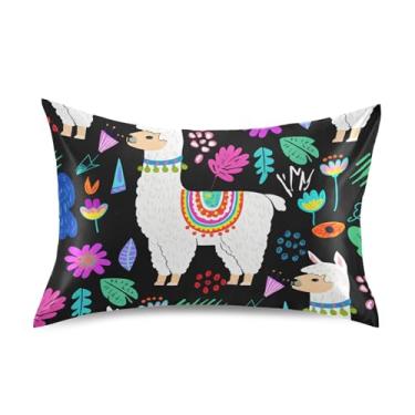 Imagem de Fronhas para cabelo bonito lhama branco colorido desenho padrão queen king fronha de cama refrescante cetim almofada de cama antiderrapante estampa animal tamanho king 101,6 cm x 50,8 cm