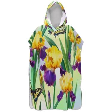 Imagem de Joisal Poncho de surf amarelo roxo flores de surfe roupão adulto plus size ponchos femininos com capuz impressão toalha de praia com capuz