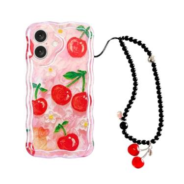Imagem de Capa para iPhone 16e, linda flor de verão cerejeira capa de telefone com pingente de telefone, kawaii, à prova de choque, bordas levantadas de TPU encaracolado, ondulado, feixe de laser, estética de