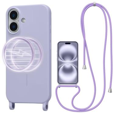 Imagem de UCASONG Capa transversal magnética para iPhone 16 Plus de 6,7 polegadas, capa de silicone líquido com alça ajustável no pescoço, [compatível com MagSafe] Capa protetora de telefone à prova de choque