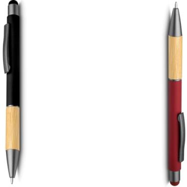Imagem de Caneta esferográfica em alumínio reciclável com escrita em azul. Detalhe em bambu. Refil parker e ponta touch emborrachada design moderna (Preto e Vermelho)