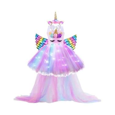 Imagem de Vestido De Unicórnio Arco-Íris Pastel Para Meninas Com Luzes LED Fanta