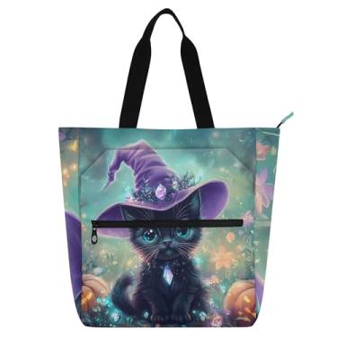 Imagem de GAIGEO Sacola feminina de Halloween Cat deslumbrante abóbora para trabalho de lona escolar com zíper bolsa infantil fofa com compartimentos